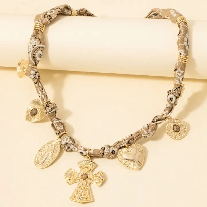Assorted Sacred Charms Knotted Paisley Bandana Necklace