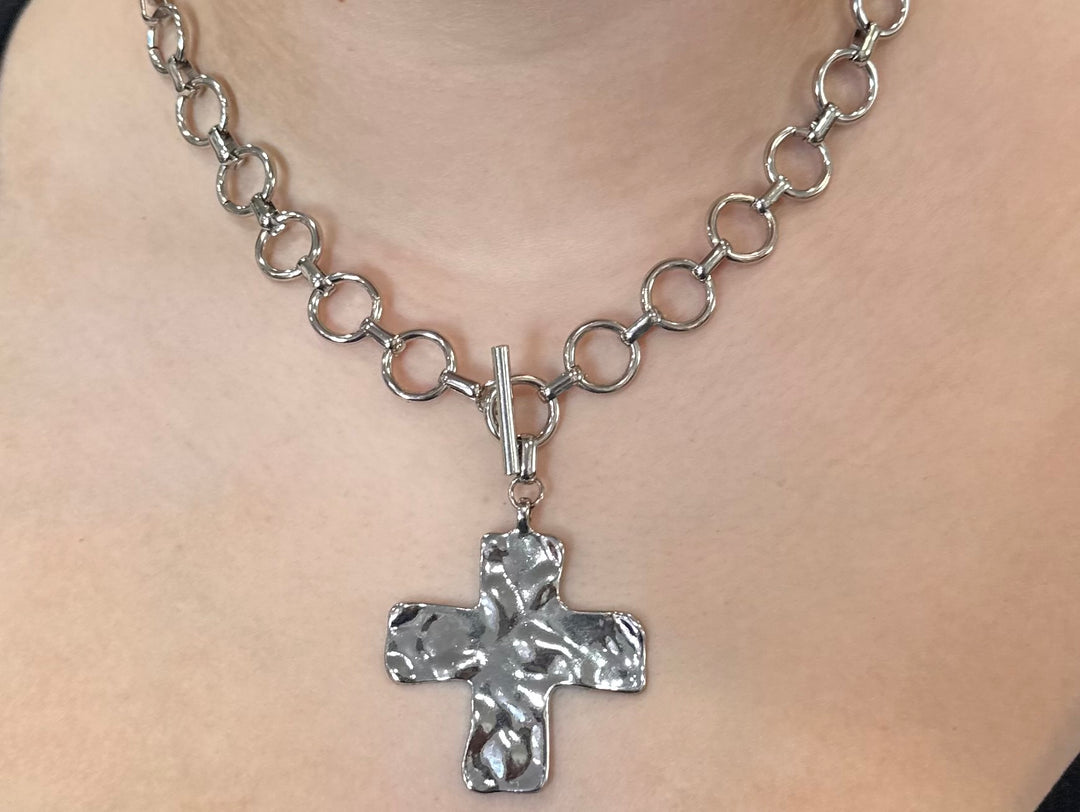 Hammered Metal Cross Necklace