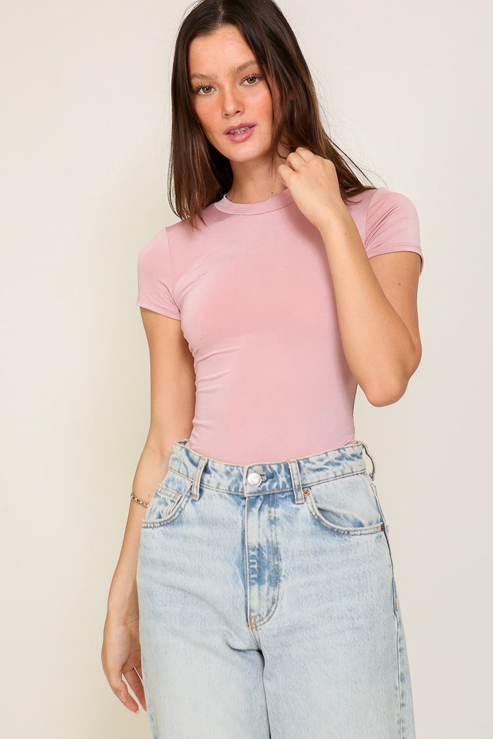 Round Neck Short Sleeve Bodysuit with Snap Closure