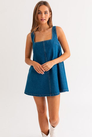 Square Neck Flare Denim Dress