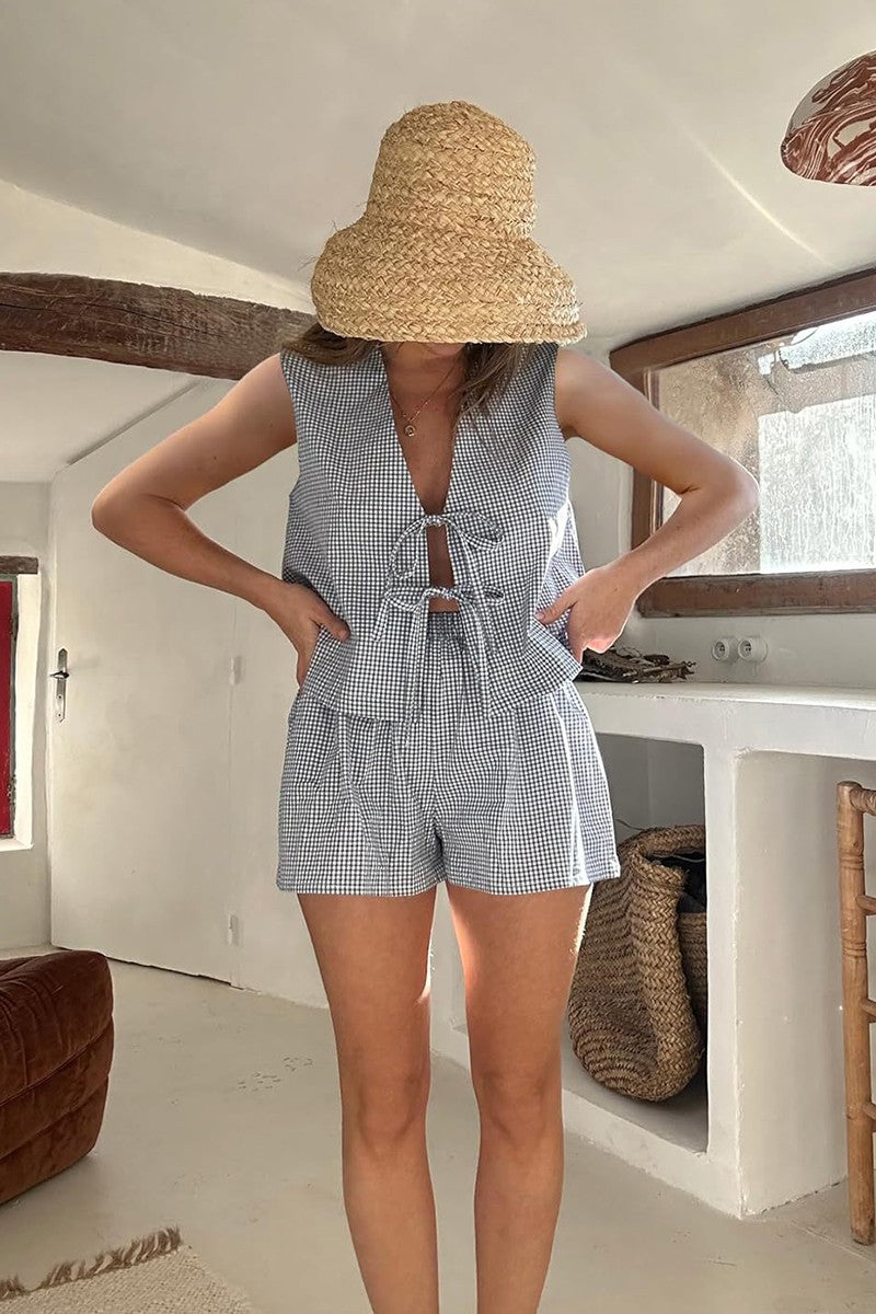 Gingham Two-piece Tie-front Shorts Set