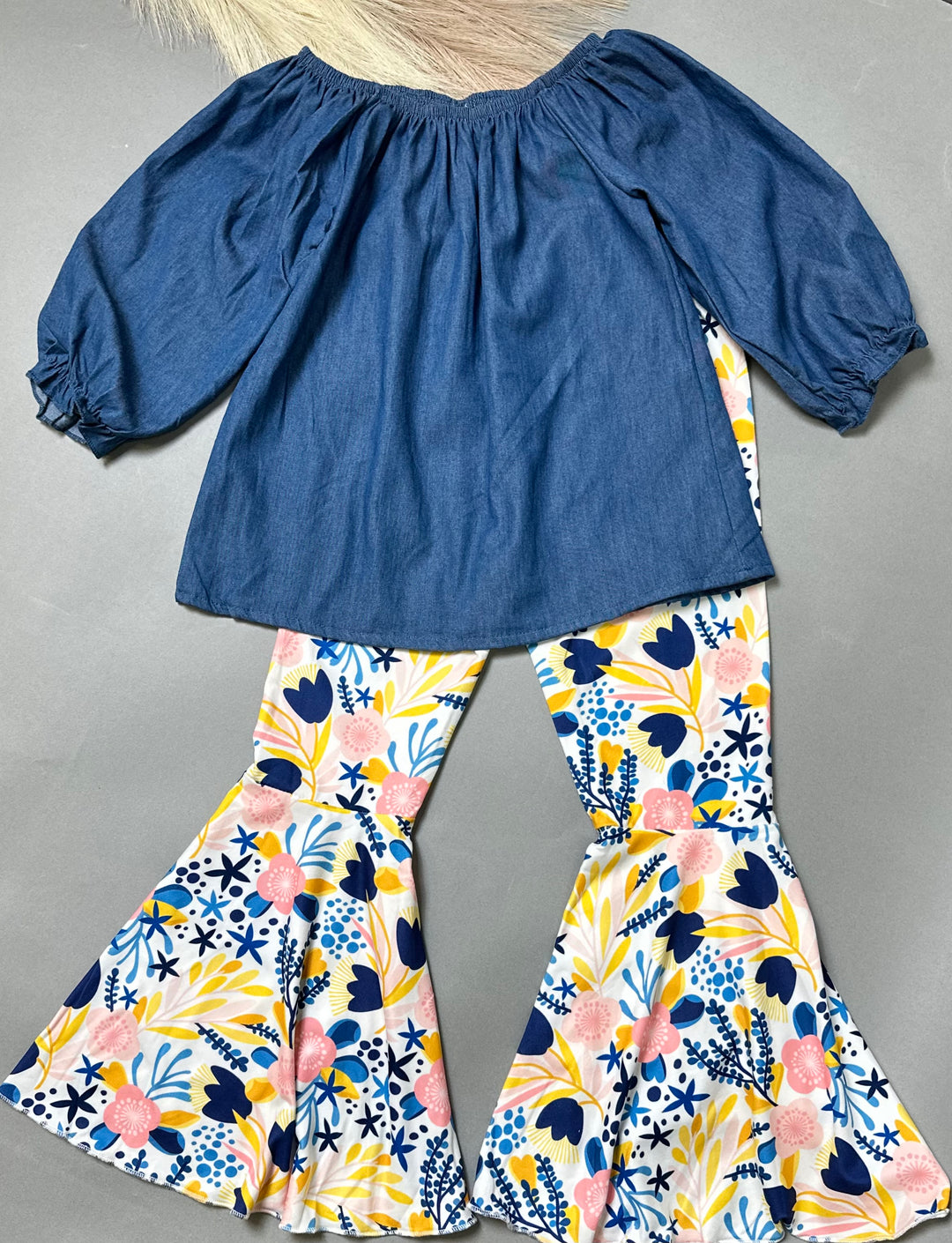 Denim Off Shoulder Top & Printed Pant