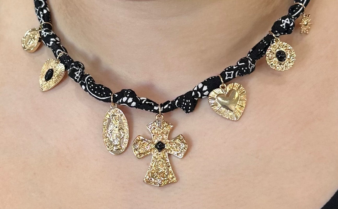 Assorted Sacred Charms Knotted Paisley Bandana Necklace