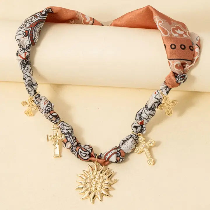 Cross And Sun Charms Bandana Chain Braided Necklace