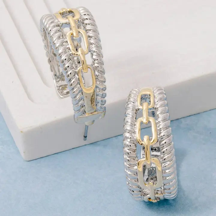 Gold Plated Two Tone Layered Chain Hoop Earrings