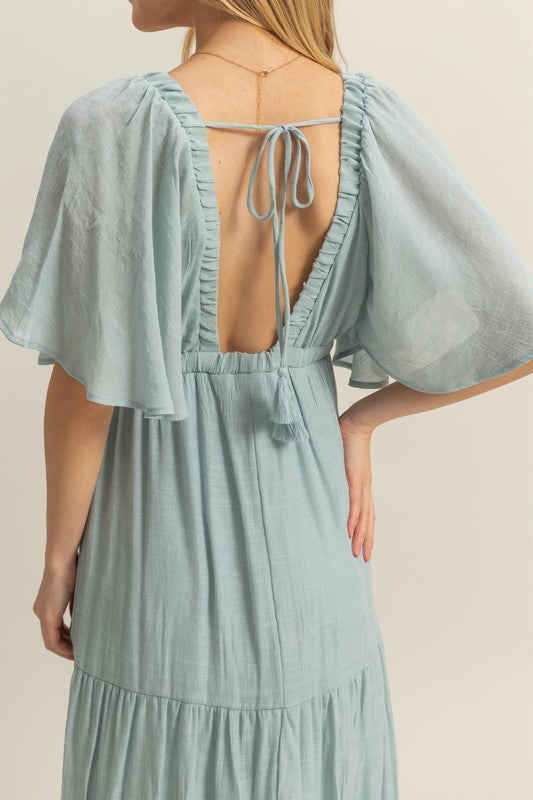 Dusty Blue V-Neck Flowy Sleeves Tiered Maxi Dress