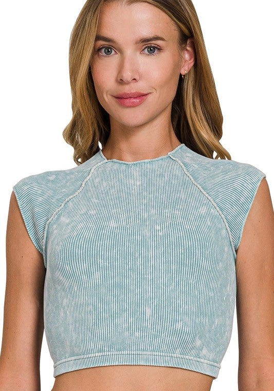 Stone Washed Ribbed Seamless Round Neck Crop Top