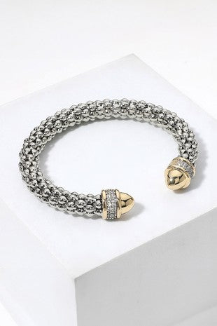 Two Tone CZ Stone Paced Tip Textured Cuff Bracelet