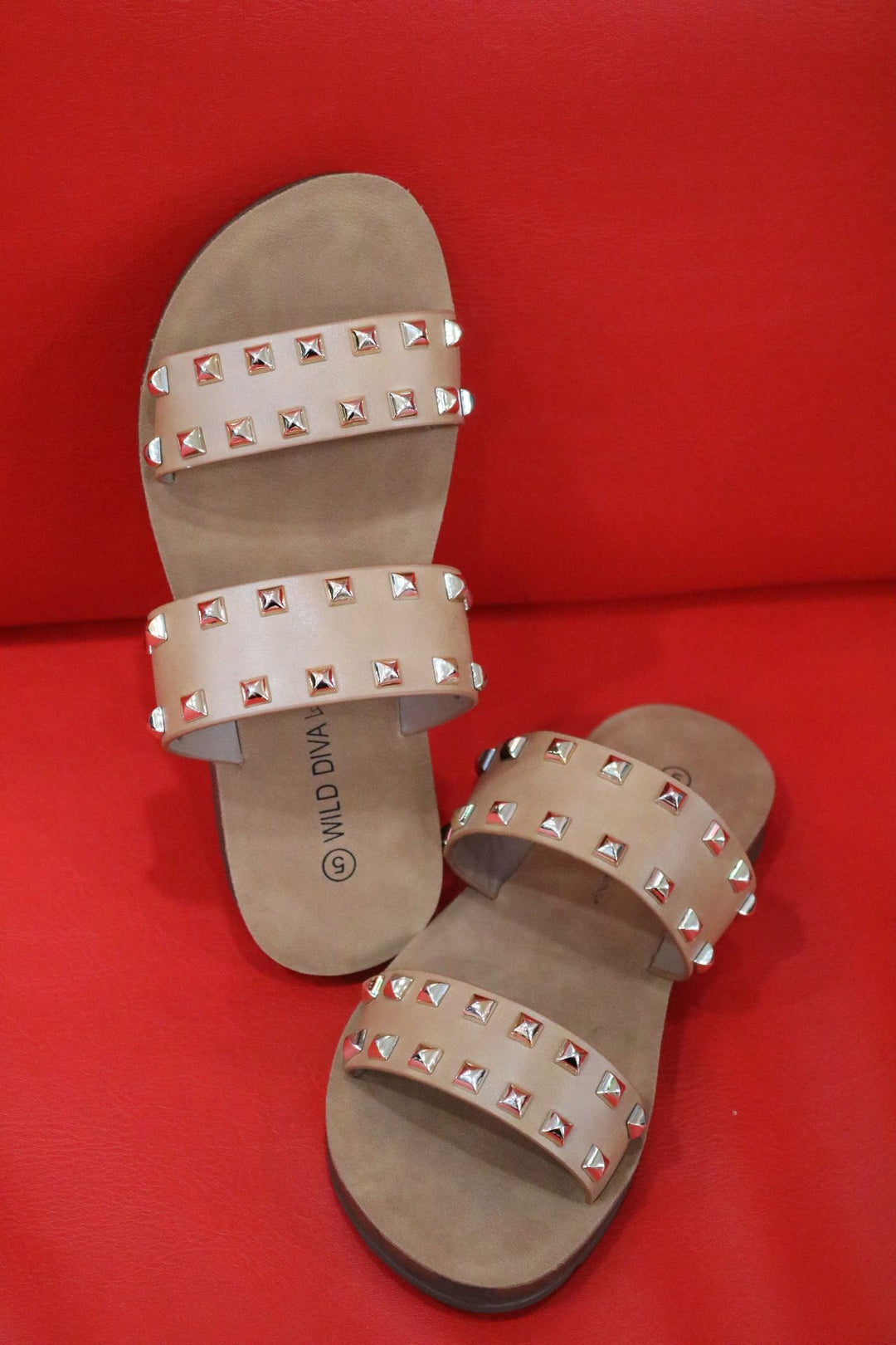 Sara Square Studded Two Strap Slide
Sandals