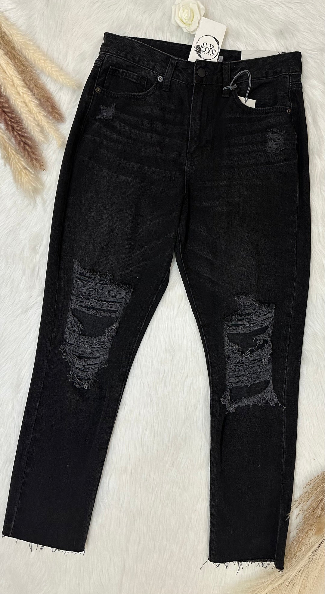 Washed Black High Rise Distressed Straight Jeans