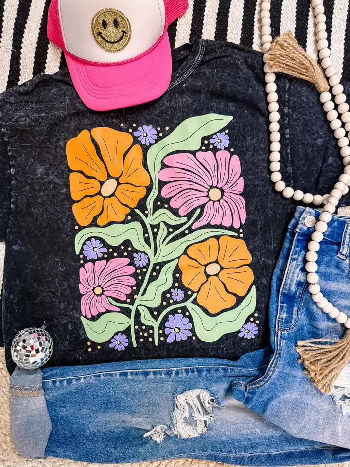 Acid Wash Floral Patchwork Boho Graphic Tee