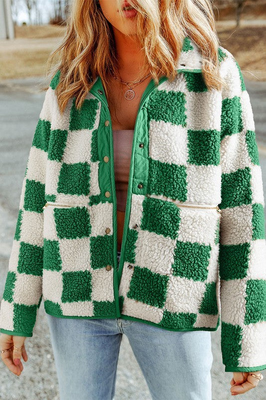 Plus Checked Snap Button Sherpa Jacket