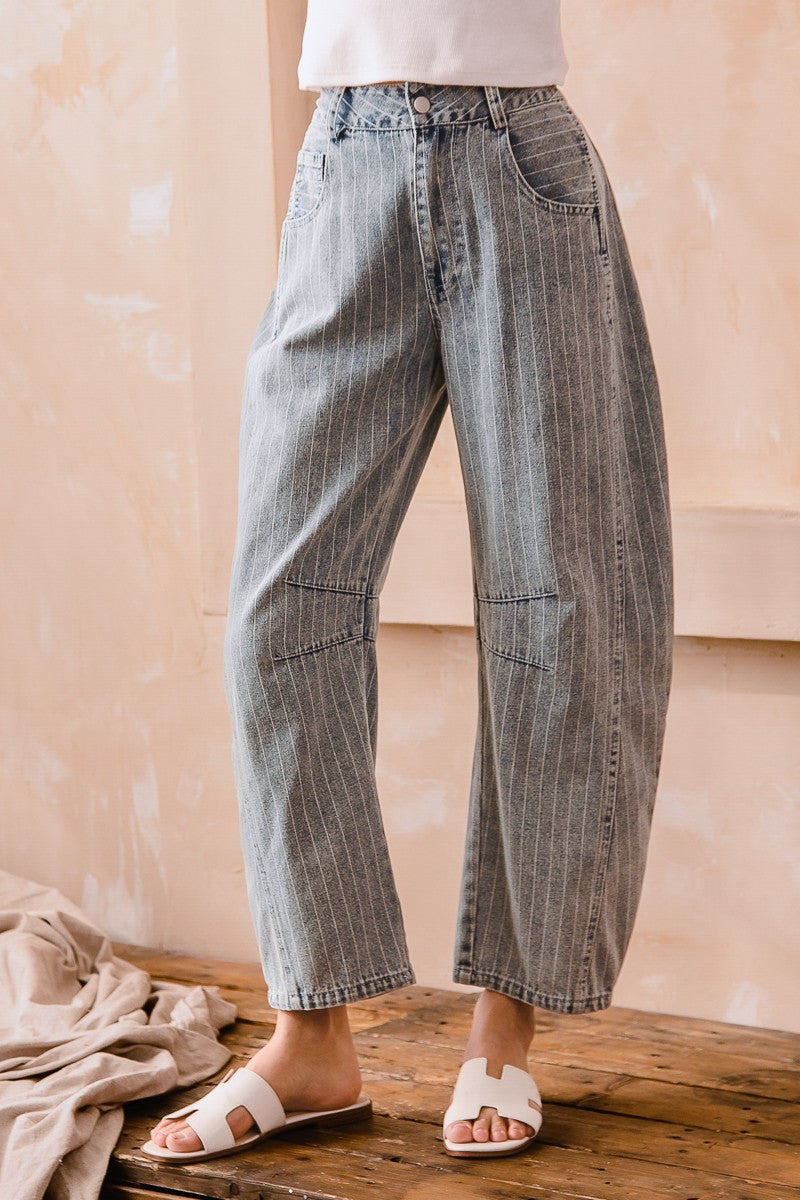 Washed Stripe Denim Mid Rise Barrel Pants