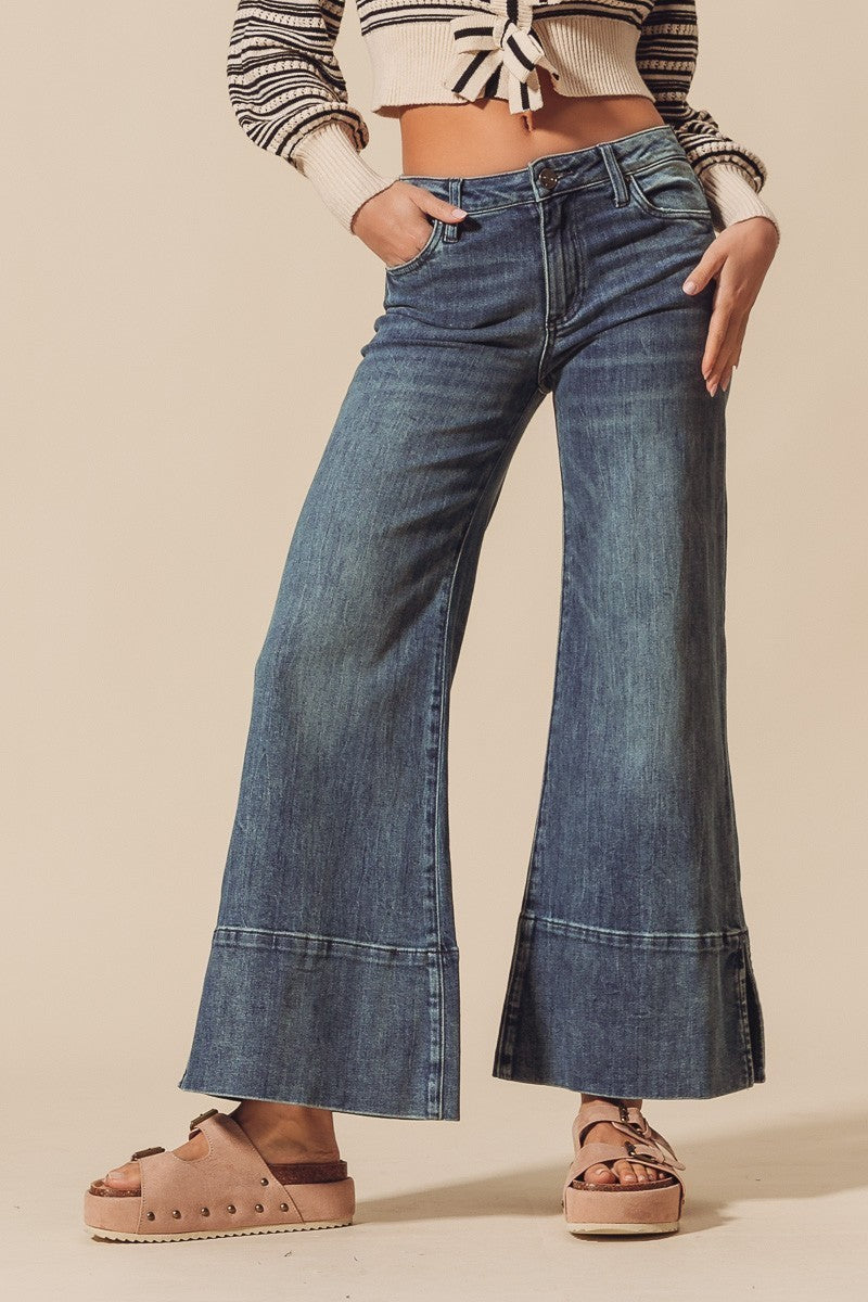 Wide Leg Flare Denim Jeans With Side Slits