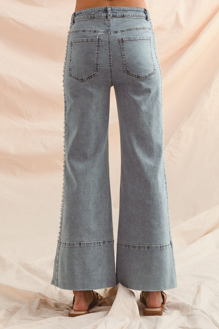Mid Rise Flare Bottom Denim Jeans with Pearls