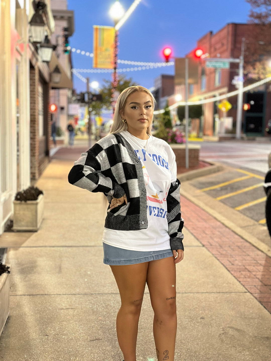 Checkered Drop Shoulder Buttoned V Neck Cardigan