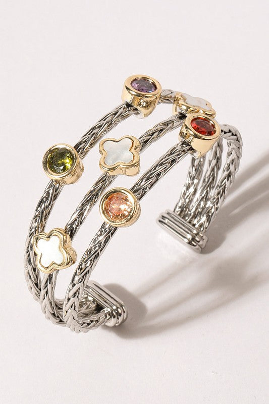 CZ Stone Multicolor Pointed Clover Cuff Bracelet
