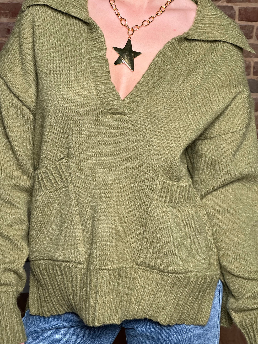 Flap Collar Sweater Pullover Top with Patch Pocket