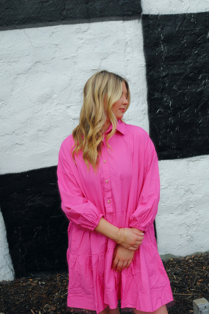 Puff Sleeved Oversized Mini Dress With Pockets