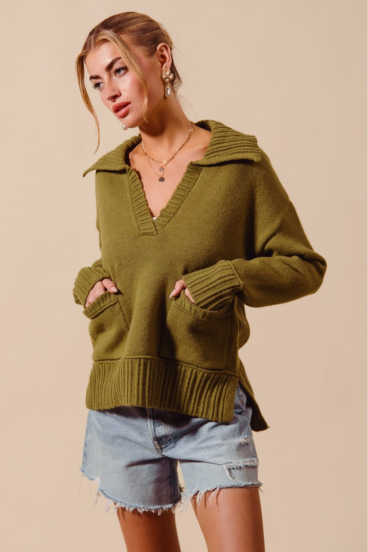 Flap Collar Sweater Pullover Top with Patch Pocket