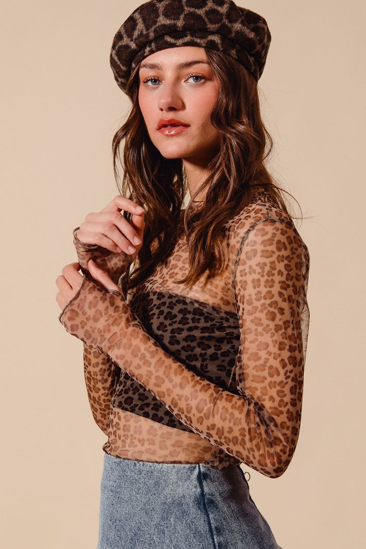 Leopard Mesh Mock Neck Top with Thumb Openings