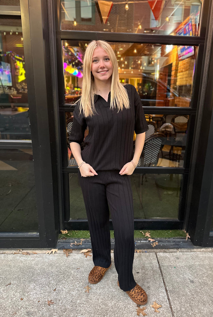 Collared Top Rib Sweater Pants Set