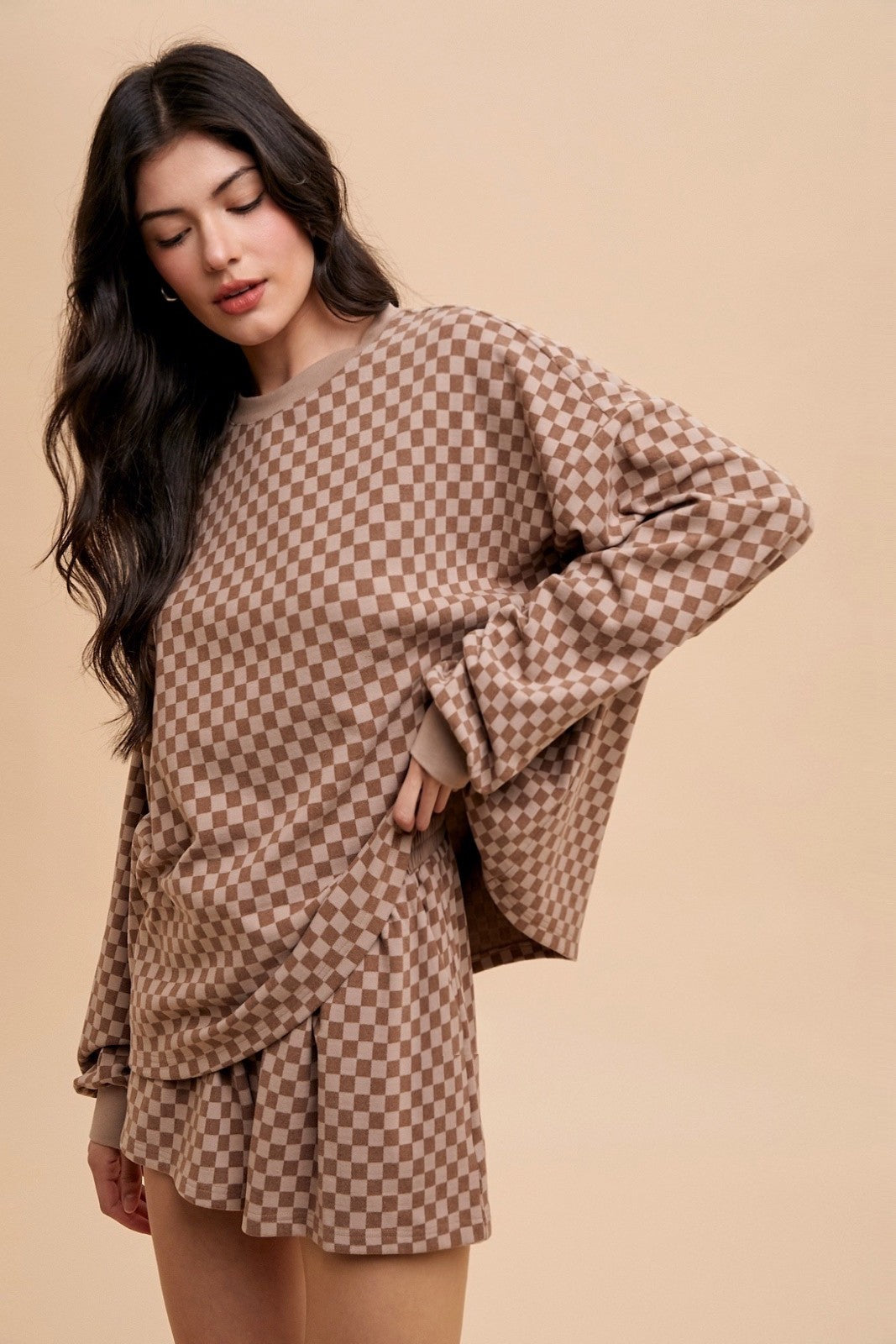 Checkerboard Soft Brushed Knit Pullover & Shorts Set