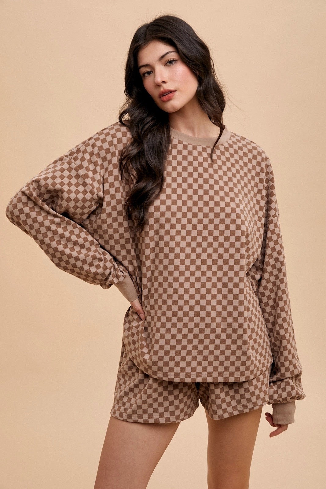 Checkerboard Soft Brushed Knit Pullover & Shorts Set