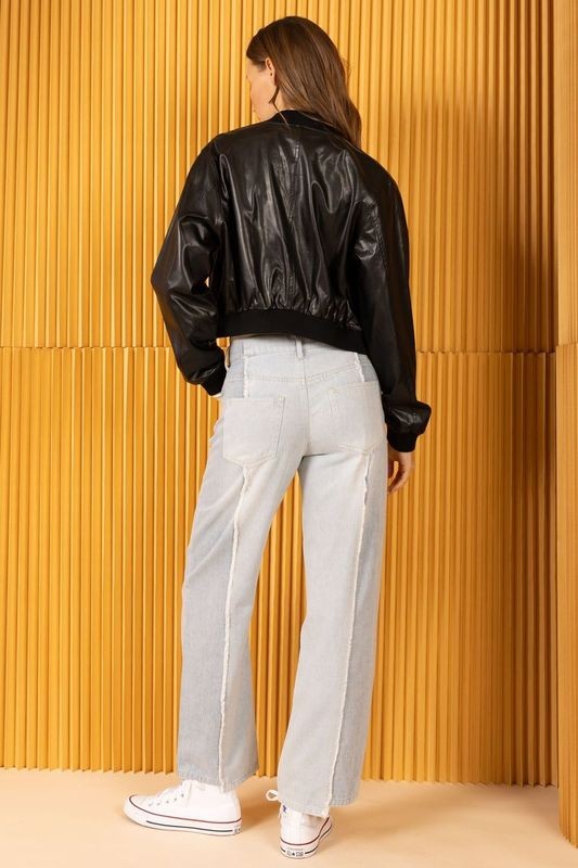 Sleek Black Faux Leather Bomber Jacket