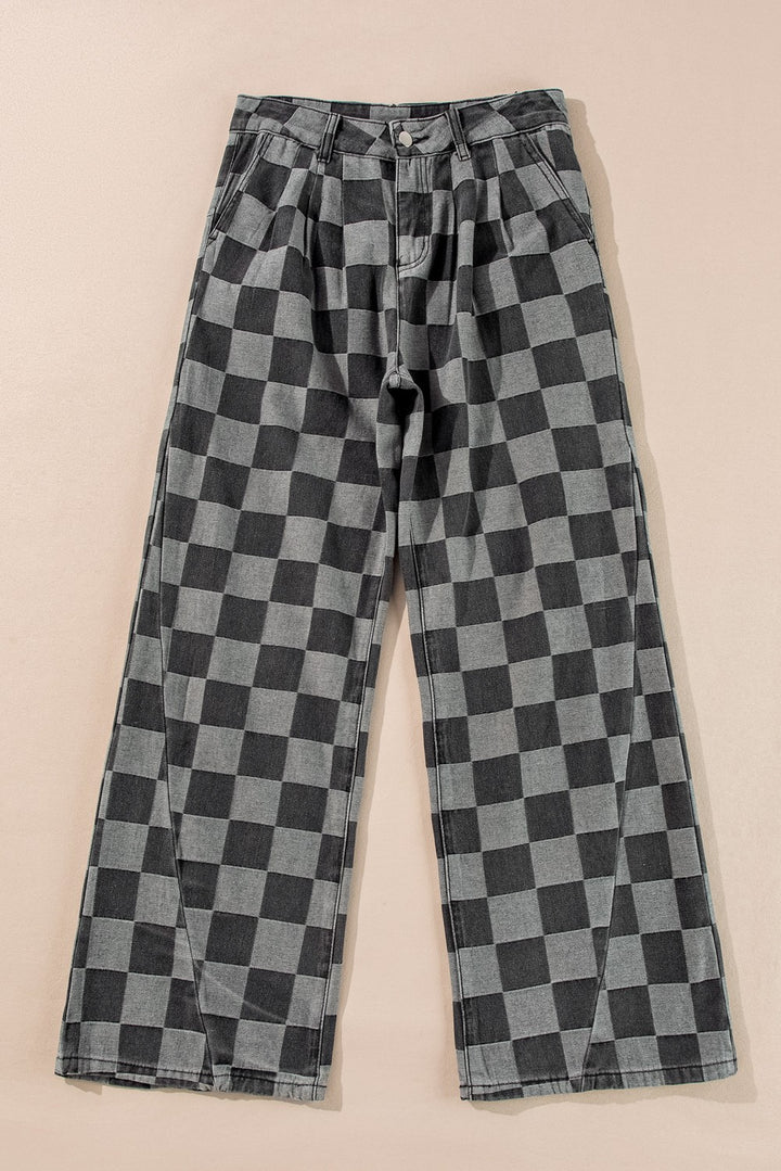 Plus Wide Leg Bottoms Checkered Denim Jeans
