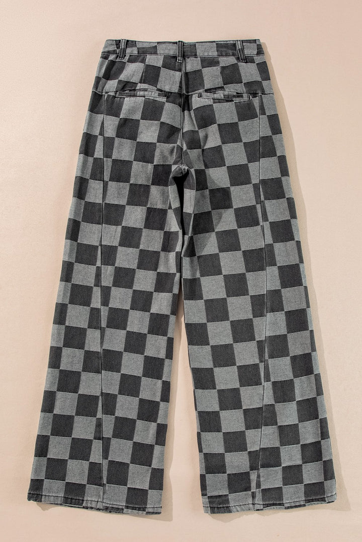 Plus Wide Leg Bottoms Checkered Denim Jeans