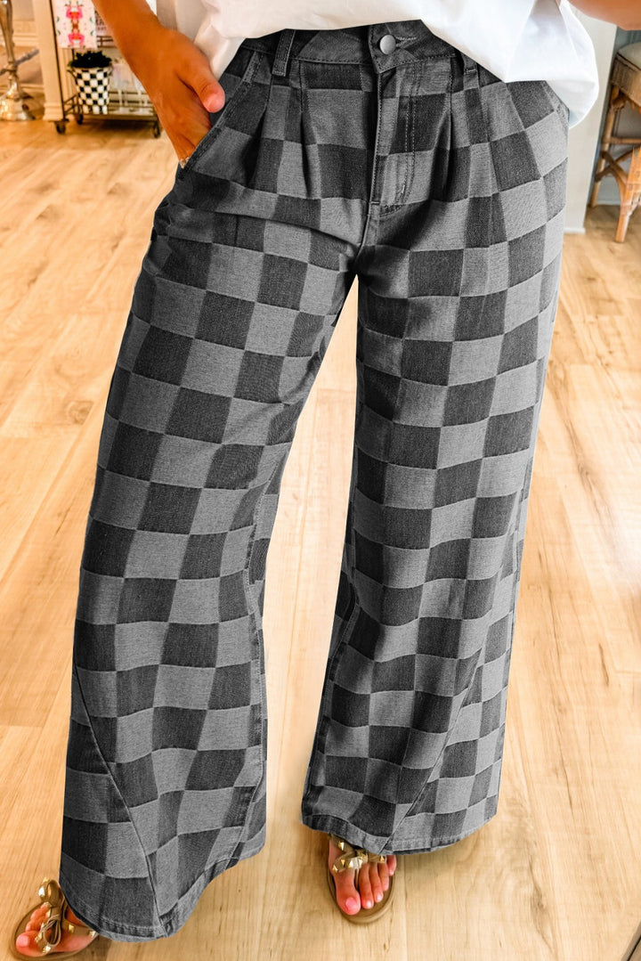 Plus Wide Leg Bottoms Checkered Denim Jeans