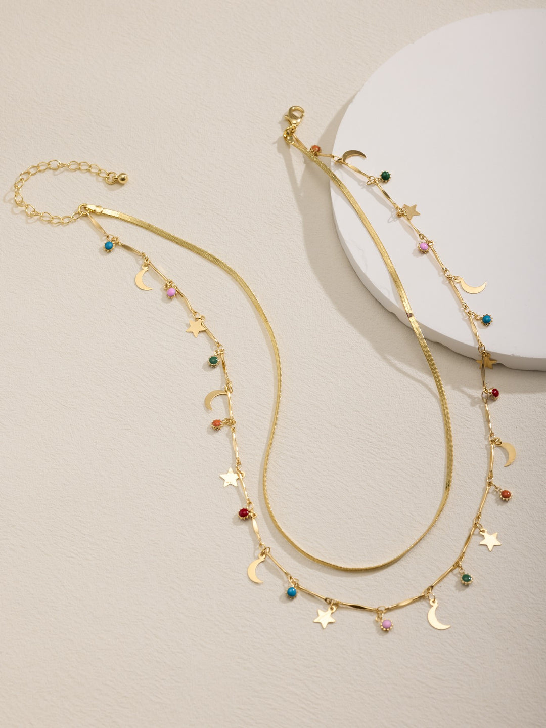 2 Row Herringbone Chain with Sun Moon Star Charms