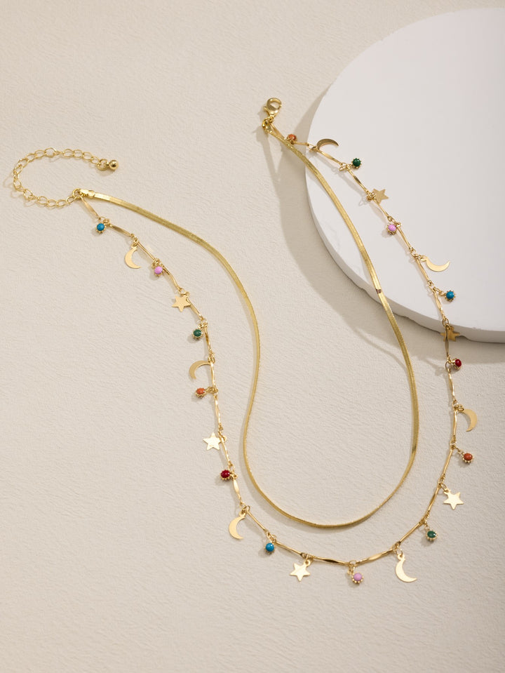 2 Row Herringbone Chain with Sun Moon Star Charms