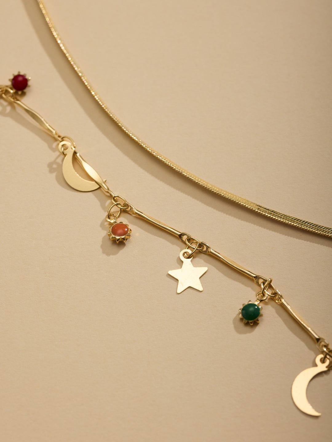 2 Row Herringbone Chain with Sun Moon Star Charms