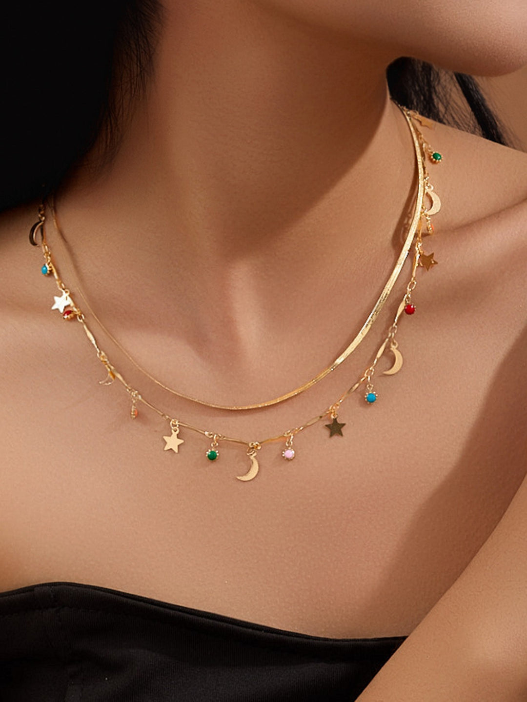 2 Row Herringbone Chain with Sun Moon Star Charms