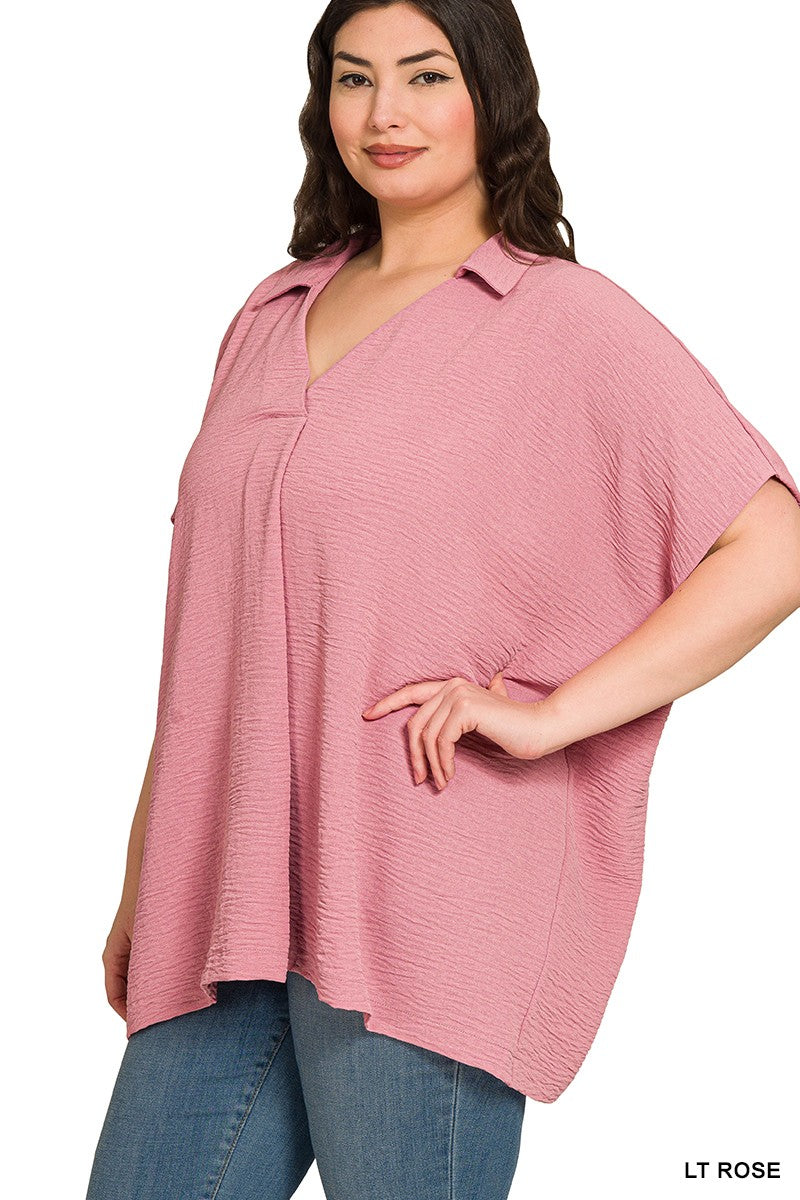 Plus Woven Airflow Collared V Neck Short SLV Top