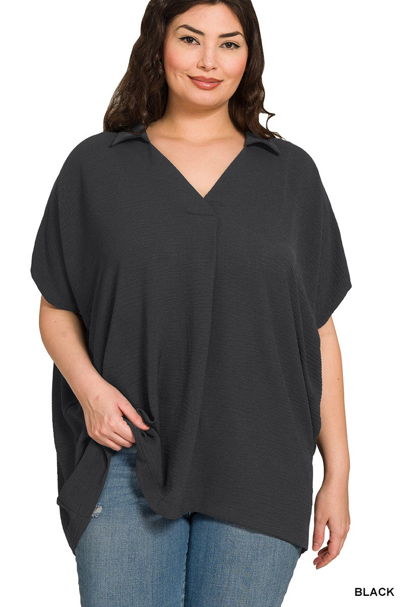 Plus Woven Airflow Collared V Neck Short SLV Top