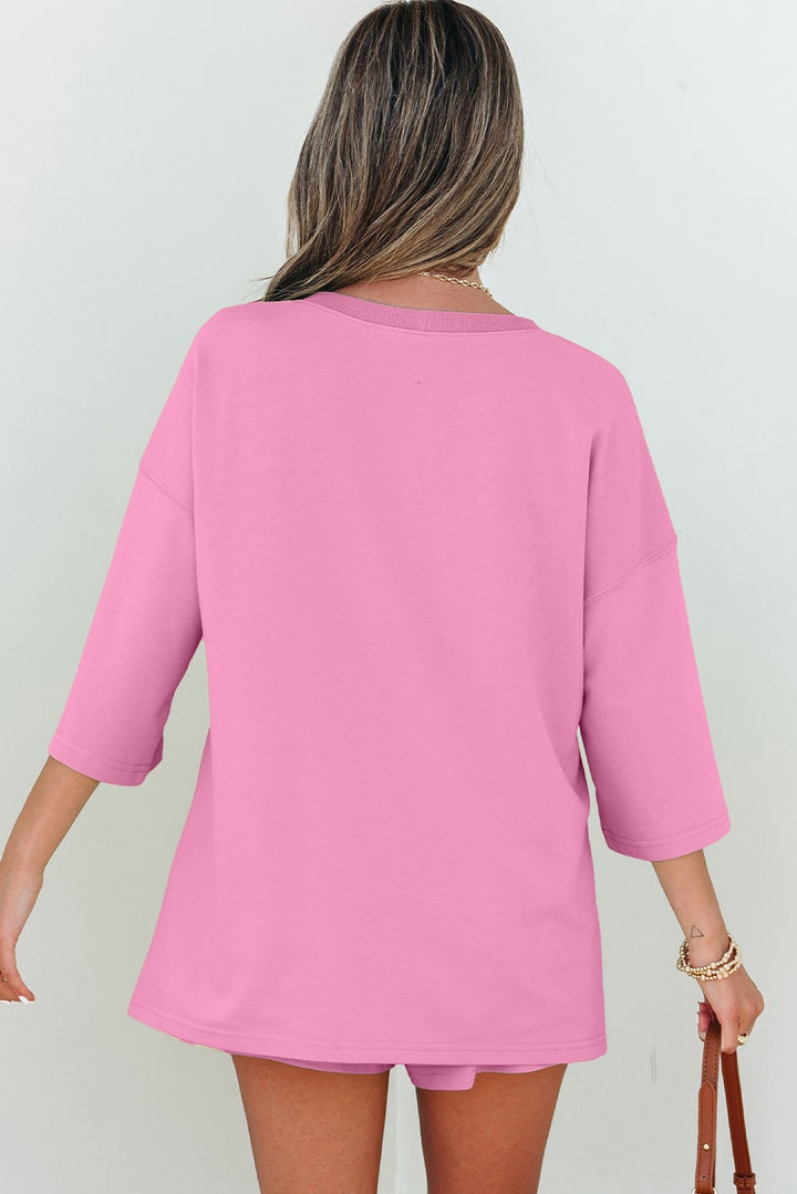 Solid Loose V Neck Half Sleeve Tee And Shorts