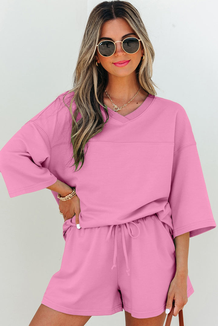 Solid Loose V Neck Half Sleeve Tee And Shorts