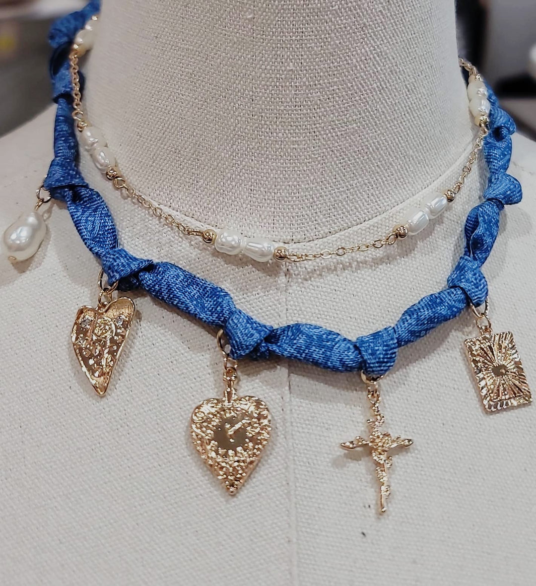 Paisley Denim And Assorted Charms Chain Layered Necklace