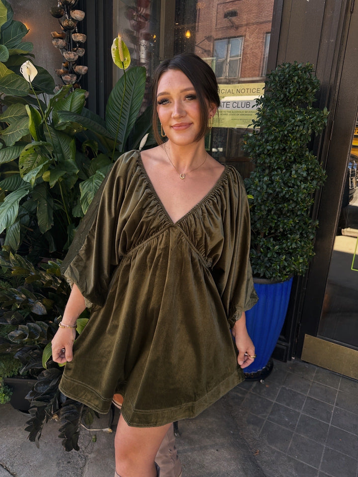 Velvet Puff Sleeve Deep V-neck Short Dress