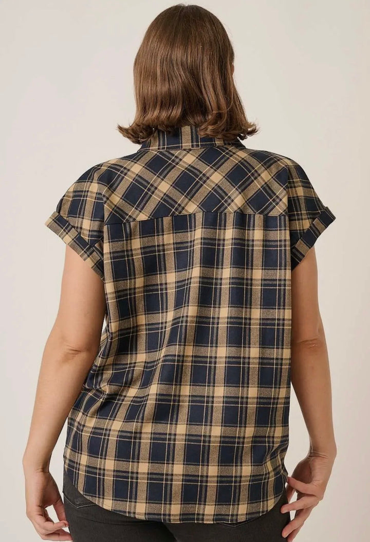 Plaid Cap Sleeve Collared
Button Down Shirt