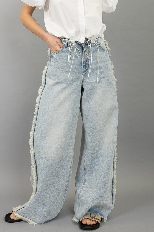 Frayed Waist & Seam Detail Washed Denim Pants