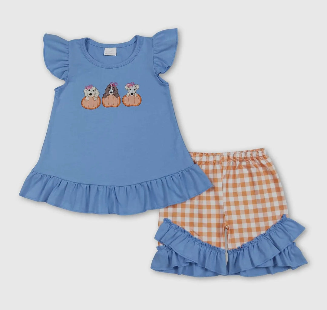 Flutter Sleeve Dog Pumpkin Top With Plaid Shorts