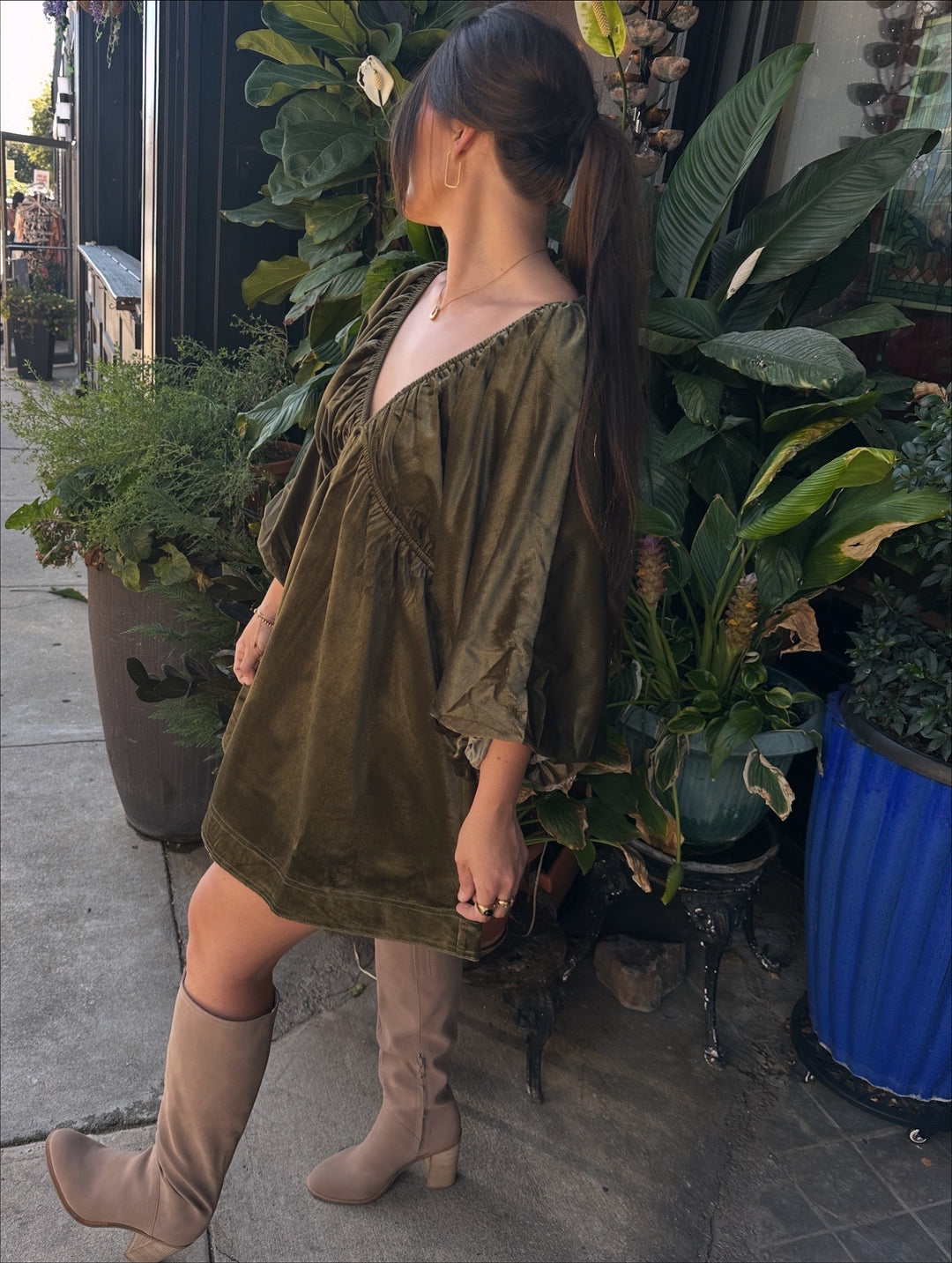 Velvet Puff Sleeve Deep V-neck Short Dress