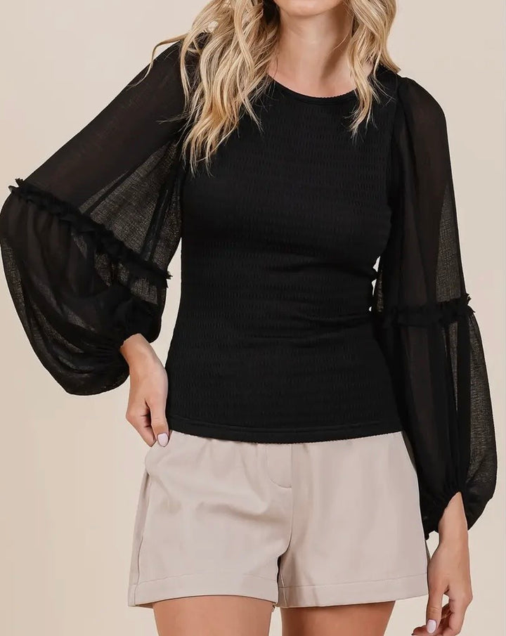 Plus Mixed Media Textured Chiffon Long
Sleeve Top