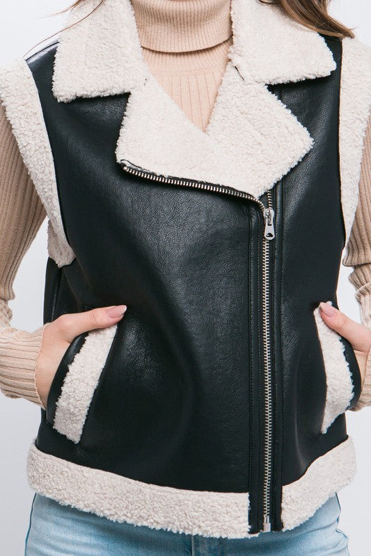 PU Faux Leather Sherpa Trim Vest