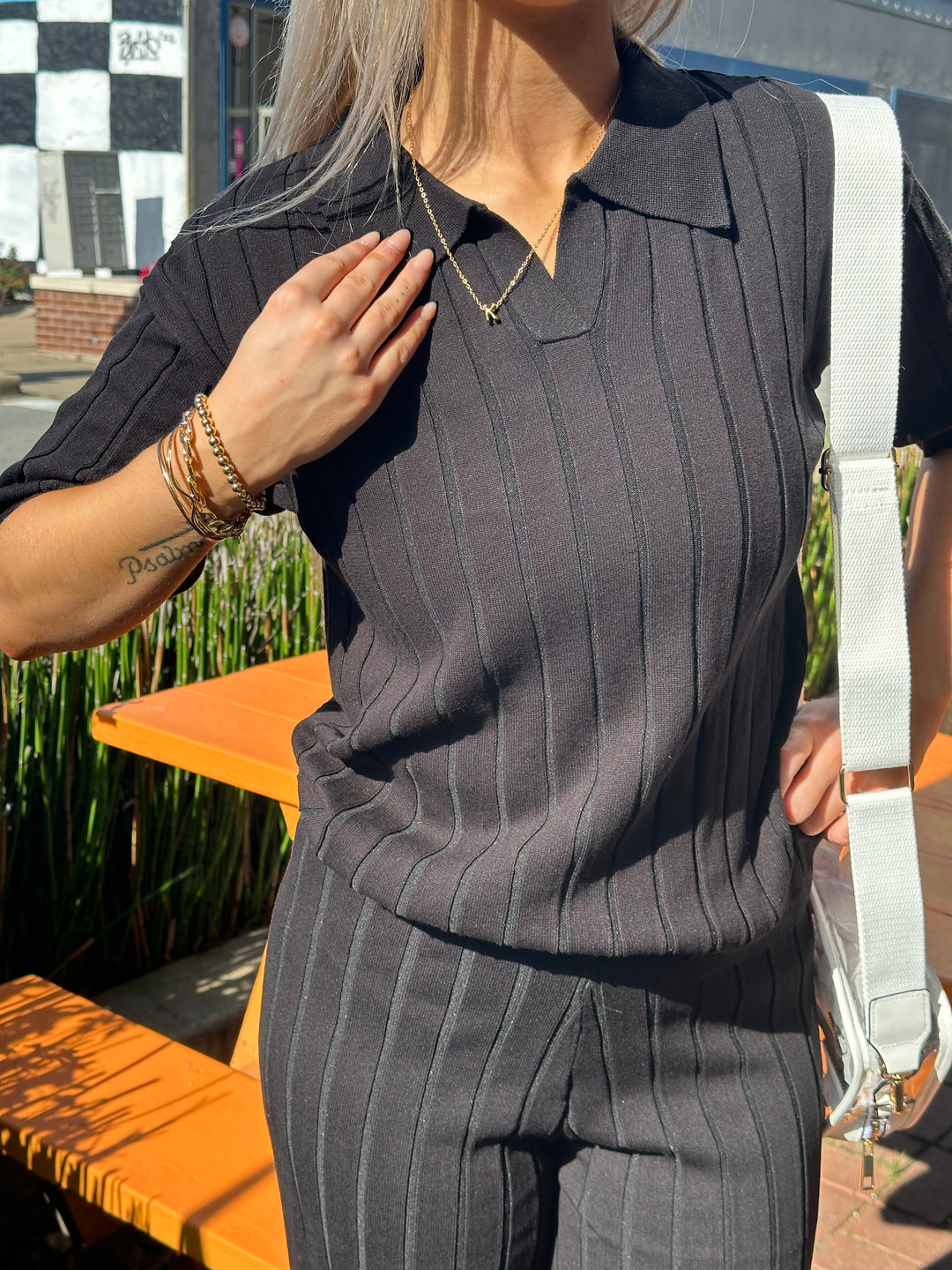 Collared Top Rib Sweater Pants Set