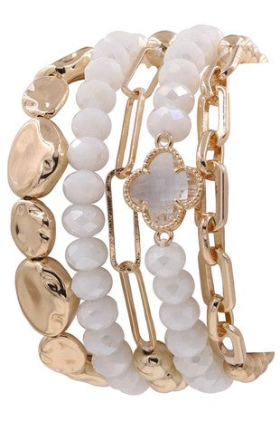Metal Faceted Bead Quatrefoil Stretch Bracelet